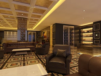 Luxurious Hotel Public Lounge Area With Leather Sofas Armchairs Geometric Carpet And Decorative Ceiling 3d model