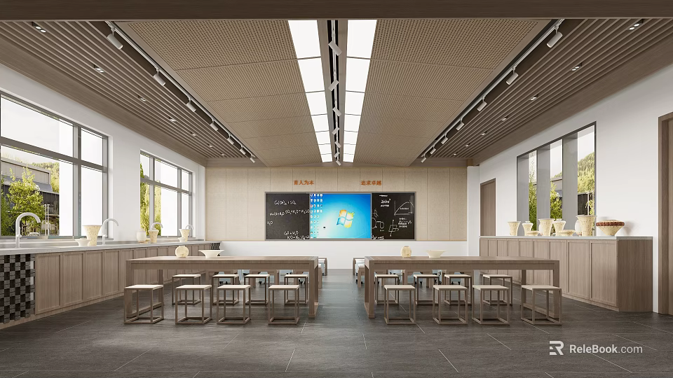 School Classroom Interior With Desks Smart Boards And Natural Light 3d model