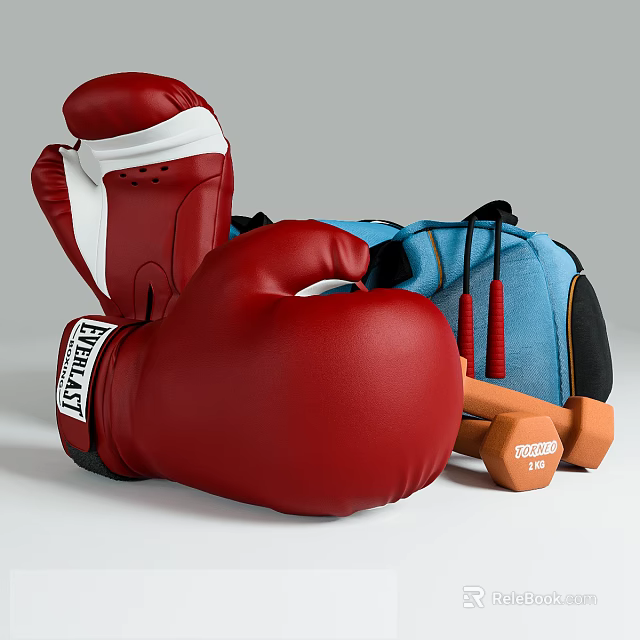 Essential Sports Equipment Including Red Boxing Gloves Blue Gym Bag Jump Ropes And Orange Dumbbells 3d model 
