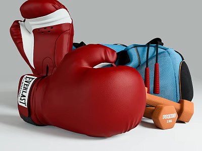 Essential Sports Equipment Including Red Boxing Gloves Blue Gym Bag Jump Ropes And Orange Dumbbells 3d model