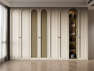 Modern Light Colored Wardrobe With Arched Doors Lattice Panels And Open Compartment Holding Bags 3d model