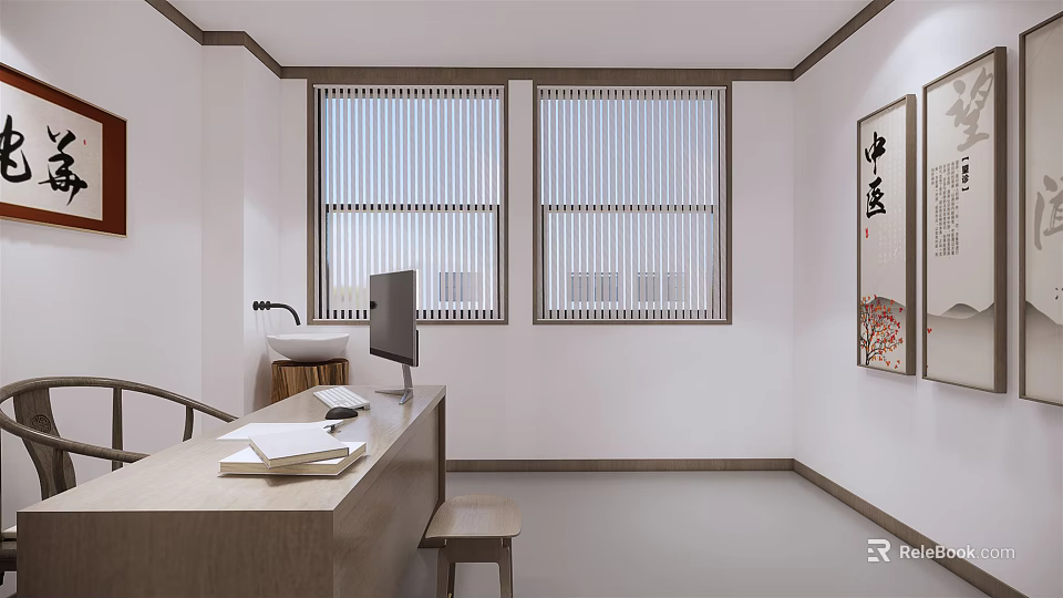 Traditional Chinese Medicine Consultation Room Interior With Wooden Desk Computer And Scroll Painting 3d model 