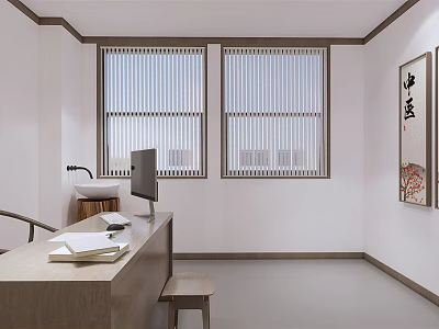 Traditional Chinese Medicine Consultation Room Interior With Wooden Desk Computer And Scroll Painting 3d model