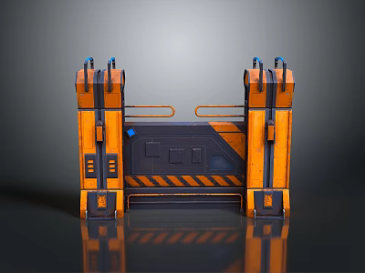 Orange Black Industrial Metal Gate With Symmetrical Geometric Panels And Mechanical Details 3d model