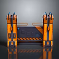 Orange Black Industrial Metal Gate With Symmetrical Geometric Panels And Mechanical Details