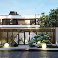 Modern Villa Entrance Garden Wall With Circular Archway Landscape Painting And Pine Tree