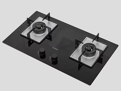 Modern Gas Stove With Double Burners Black Glass Panel And Control Knobs Kitchen Appliance 3d model