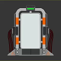 Futuristic Gate Design With Green Display Screen Orange Trim Red Pipes And Gray Pedal Platform