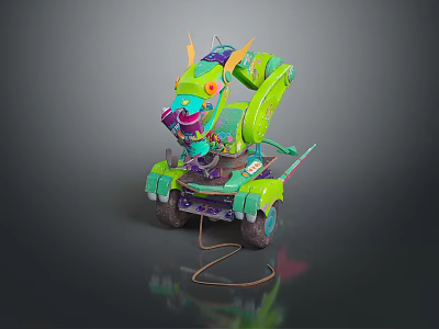 Green Dragon Themed Costume With Yellow Horns And Purple Details 3d model