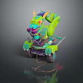 Green Dragon Themed Costume With Yellow Horns And Purple Details