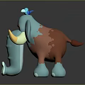 Cartoon Elephant Sculpture with Blue and Brown Colors Yellow Horns and Little Bird on Head