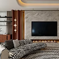 Modern Living Dining Room Interior With Marble Wall Sofa Set Shelving Units And Patterned Rug
