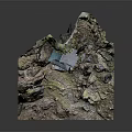 Cartoon Scene of Japanese Style Hut on Rock with Moss Stone Stairs and Trees