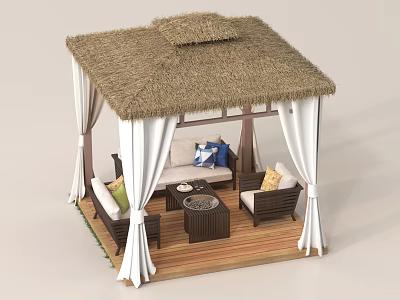 Outdoor Thatch Roof Pergola With White Curtains Wooden Deck Sofa Coffee Table And Decorative Cushions 3d model