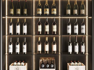 Elegant Wine Bottles And Wine Glasses Display On Organized Wooden Wine Rack Shelves 3d model