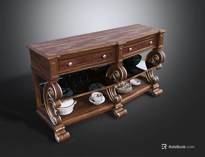 Traditional Wooden Sideboard With Carved Details Drawers And Glass Shelves Displaying Decorative Dishes 3d model 