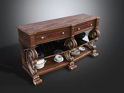Traditional Wooden Sideboard With Carved Details Drawers And Glass Shelves Displaying Decorative Dishes 3d model
