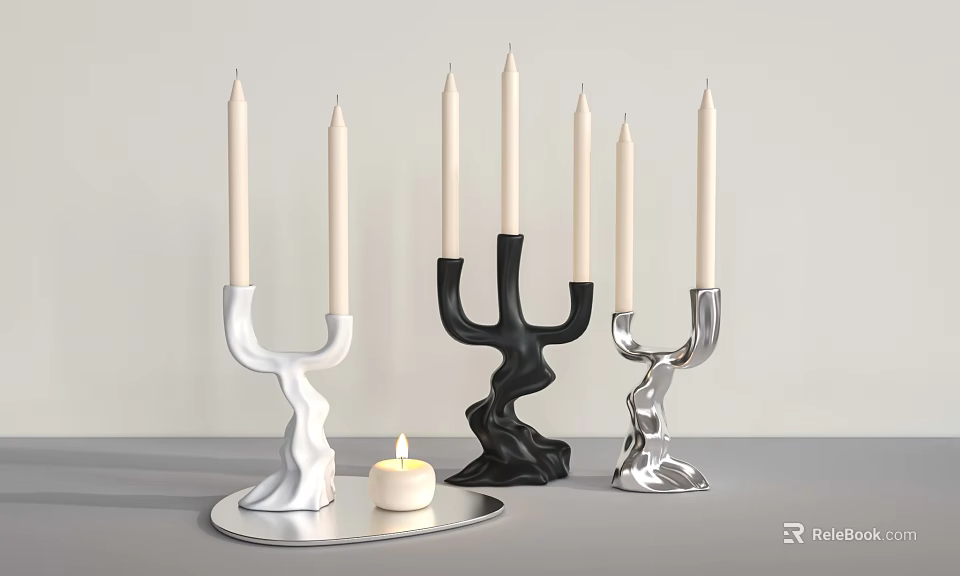 Modern Candle Holders White Black And Silver With Wavy Design And Lit Candle On Tray 3d model 