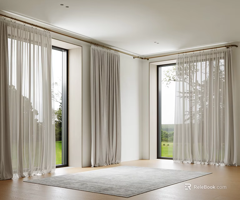 Sheer Kitchen Curtains For Modern Interior With Large Windows And Natural Light 3d model 
