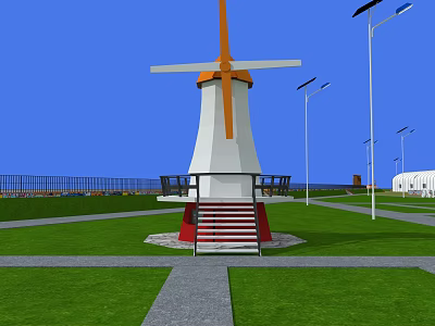 White And Orange Windmill Structure With Red Stairs Green Lawn Street Lamps Under Blue Sky 3d model