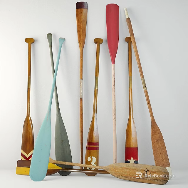 Sports Equipment Colorful Rowing Paddles with Various Designs Neatly Leaning Against White Wall 3d model 