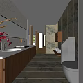 Modern Public Restroom Interior With Stone Tile Walls Wooden Vanity Sinks And Cabinets