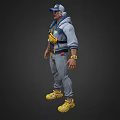 Game Movie Character Wearing Blue And White Jacket With Yellow Tool Bag And Glasses