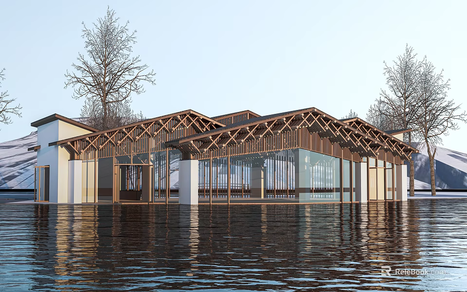 Hotel Building With Wooden Roof Structure Floating On Water And Surrounding Trees 3d model 