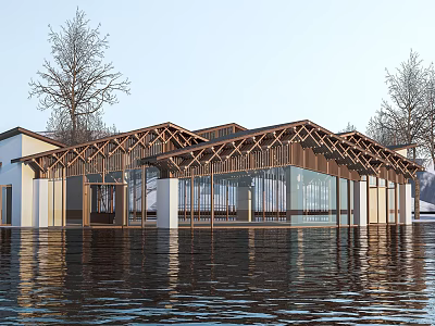 Hotel Building With Wooden Roof Structure Floating On Water And Surrounding Trees 3d model