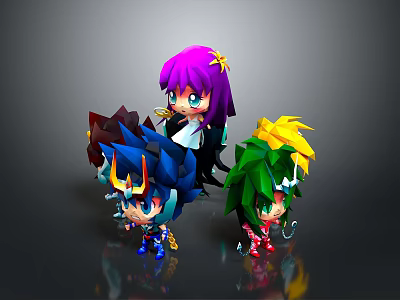 Colorful Anime Style Characters With Purple Blue Green Hair And Unique Outfits 3d model
