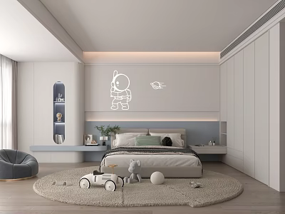 Modern Kids Room With Astronaut Wall Sticker Bed Toy Car And Storage Cabinets 3d model