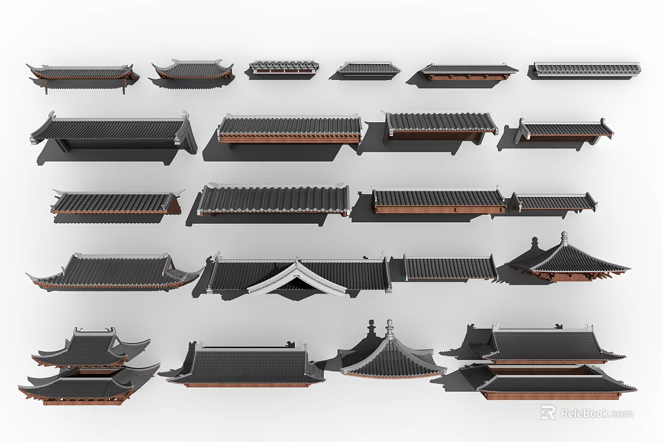 Traditional Chinese Architectural Roof Components Featuring Various Design Styles And Shapes 3d model 