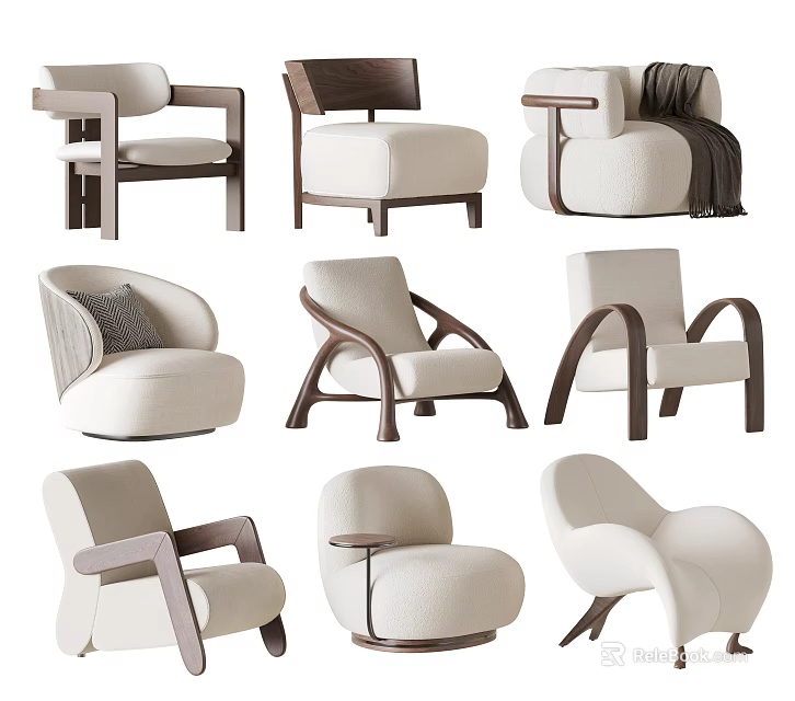 Modern Accent Chairs With Wooden Armrests Upholstered Seats And Diverse Designs 3d model 