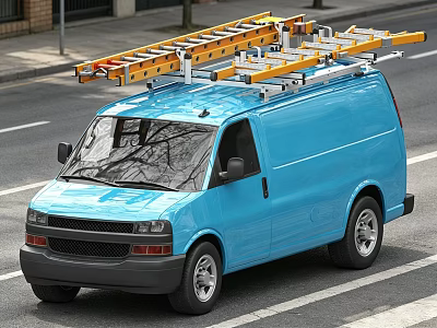 Blue Van With Roof Mounted Yellow Ladder Rack Driving On Road 3d model