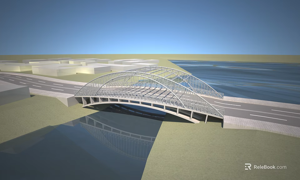 Modern Steel Arch Bridge Over Water With Road Connection And Reflection 3d model