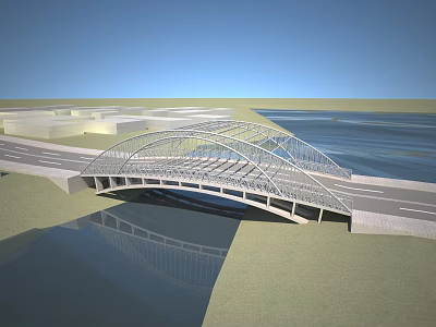 Modern Steel Arch Bridge Over Water With Road Connection And Reflection 3d model
