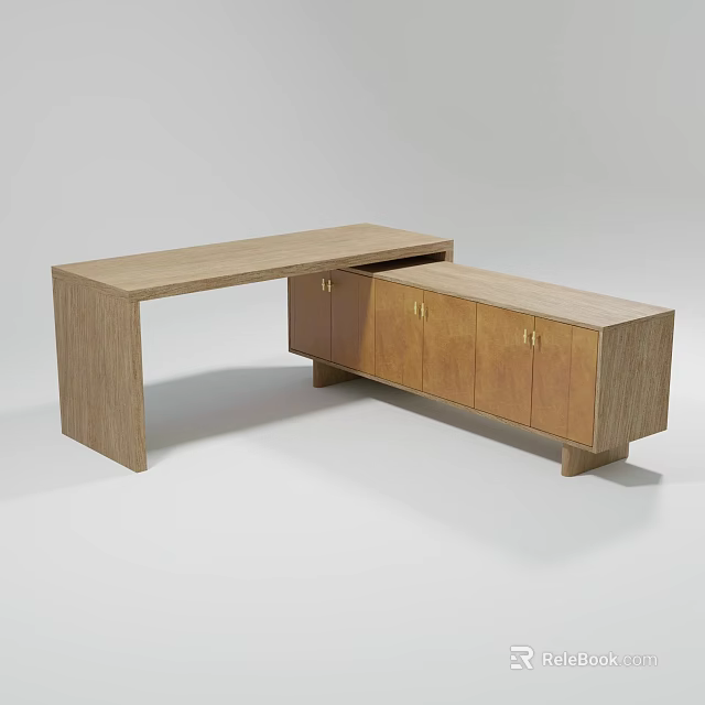 Modern Minimalist Wooden Office Desk With Attached Cabinet And Storage Doors 3d model 