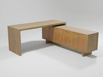 Modern Minimalist Wooden Office Desk With Attached Cabinet And Storage Doors 3d model