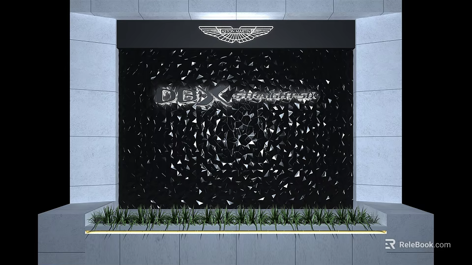 Black Background Wall Featuring Eagle Logo DBK Stylemaker Lettering Crushed Glass Decorations And Green Plants 3d model 