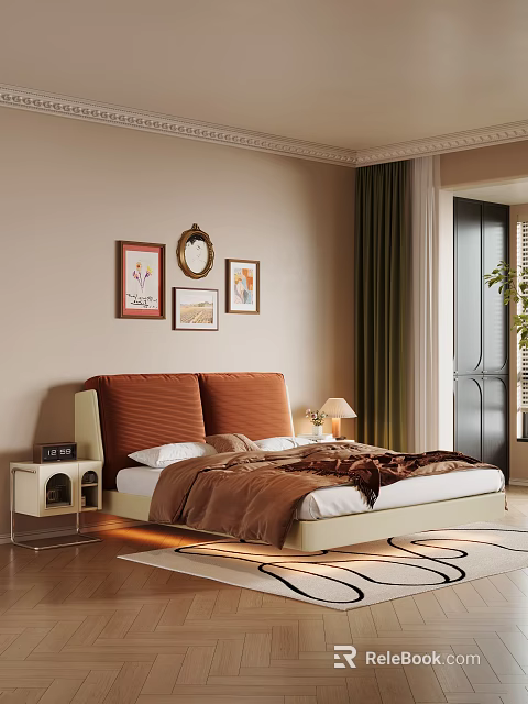 Stylish Soft Upholstered Double Bed With Warm Tones For Cozy Retro Bedroom Home Design 3d model 