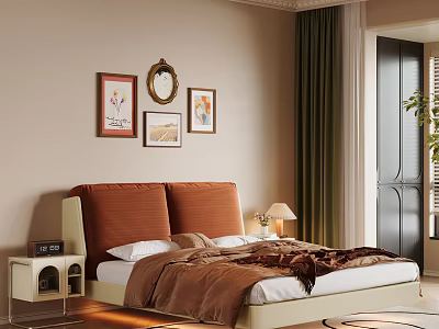 Stylish Soft Upholstered Double Bed With Warm Tones For Cozy Retro Bedroom Home Design 3d model
