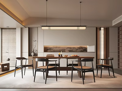 Elegant Modern Restaurant Interior With Dining Table Chairs And Pendant Lights 3d model