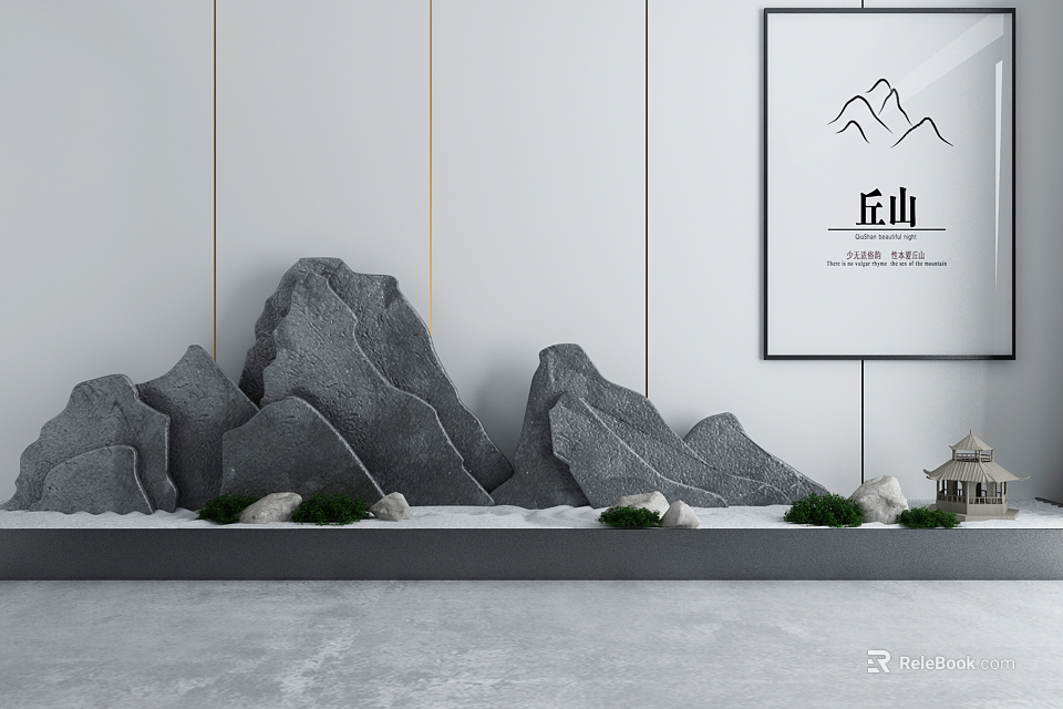 Garden Ornament Gray Stone Rockery Green Plants Mini Pavilion and Mountain Painting Against White Wall 3d model 