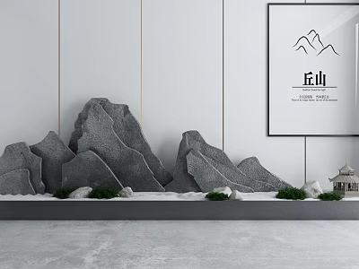 Garden Ornament Gray Stone Rockery Green Plants Mini Pavilion and Mountain Painting Against White Wall 3d model