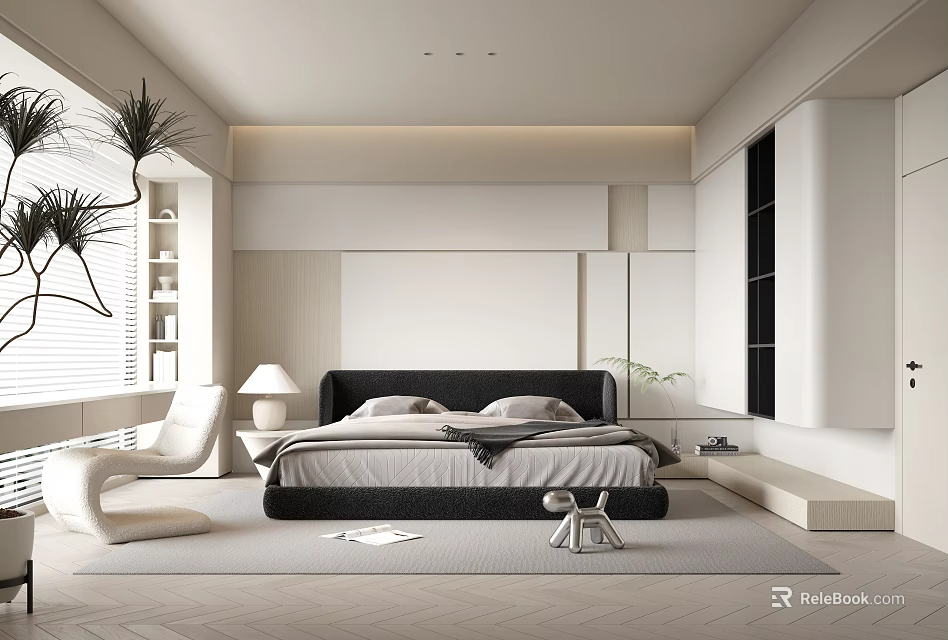 Modern Minimalist Bedroom Interior Design With Bed Nightstand Chair Lamp And Potted Plants 3d model 