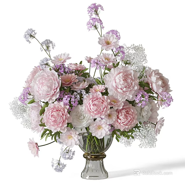 Stunning Pink White Peonies And Purple Flowers Arrangement In Glass Vase 3d model 