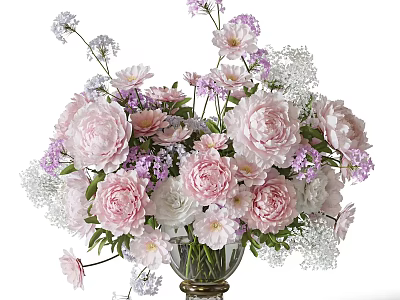 Stunning Pink White Peonies And Purple Flowers Arrangement In Glass Vase 3d model