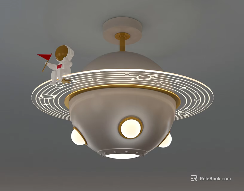 Creative Kids Ceiling Light With Astronaut Red Flag Saturn Ring Design And Golden Accents 3d model 