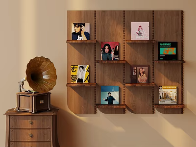 Vintage Gramophone And Vinyl Records Displayed On Wooden Shelf Unit In Room 3d model