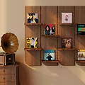 Vintage Gramophone And Vinyl Records Displayed On Wooden Shelf Unit In Room